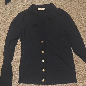 Tory Burch Black Cardigan Sweater with V-Neck and Ribbed Texture